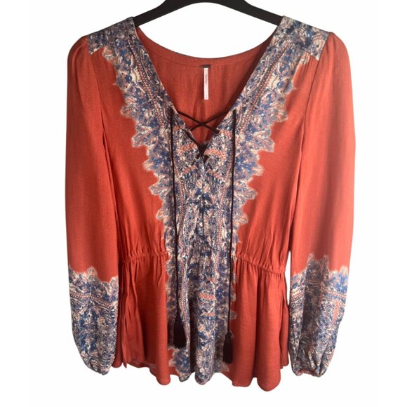 Free People Womens Wildest Moment Lace Up Tunic Persimmon Long Sleeve Boho Small - Picture 7 of 12